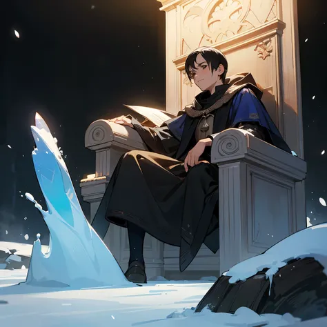 young boy, sitting, frozen throne, simple medieval clothes, short black hair, black eyes, frowning, frozen kingdom, dark background, snow, night, holding on to the armrests, dark castle, game of thrones, dark souls 3