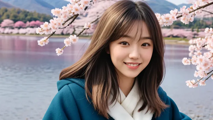 Instagram pictures, 1Asian Girl, Shoulder length hair, with light blonde hair, Close-up photo, coat, The background is the lake Kawaguchiko with cherry blossom, Japan, smile a little,