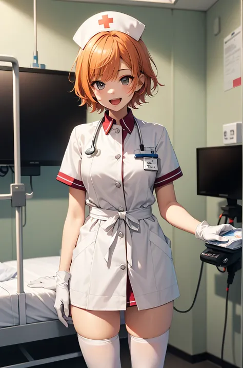 1 girl, alone, nurse, nurse cap, whiteware, ((white legwear, zettai ryouiki)), white gloves, very short hair, orange hair, smile...