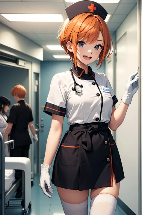 1 girl, alone, nurse, nurse cap, Whiteware, ((white legwear, zettai ryouiki)), white gloves, very short hair, orange hair, smile, open your mouth, Are standing, ((hospital room)), sharp outline, short sleeve, Tomboy, boyish, highest quality, masterpiece