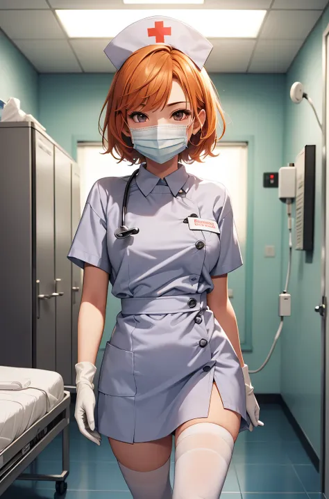 1 girl, alone, nurse, nurse cap, whiteware, ((white legwear, zettai ryouiki)), white gloves, very short hair, orange hair, ((whi...