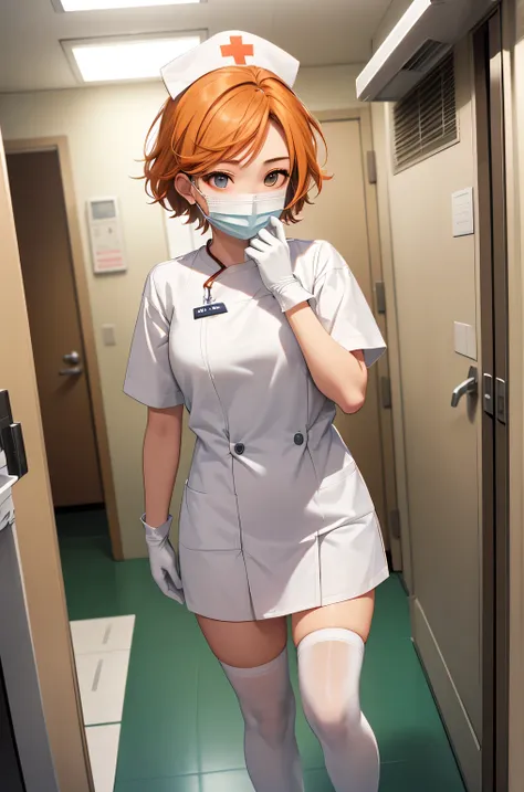 1 girl, alone, nurse, nurse cap, whiteware, ((white legwear, zettai ryouiki)), white gloves, very short hair, orange hair, ((whi...