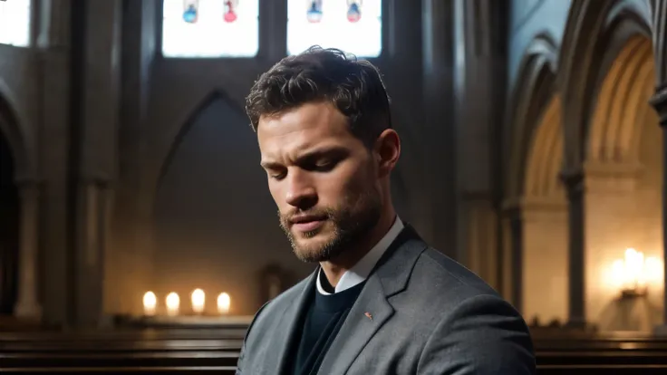 Jamie dornan as a pastor praying with his eyes closed in church, cinematic image, wearing a gray suit, short hair, short beard, background image of a Christian church inside, pastor praying, best quality, 8k, focus on the details of the face, professional ...