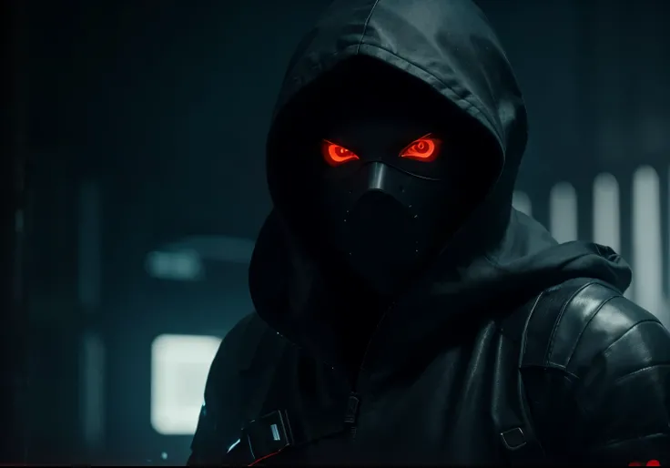 Best texture, high quality, ultra HD, 8K, ultra-detailed face, glowing eyes, realistic, very detailed, high detail, full body, cyberpunk assassin with his face visible, wearing mask covering his nose and mouth, hooded outfit, holding a dagger in both hands...