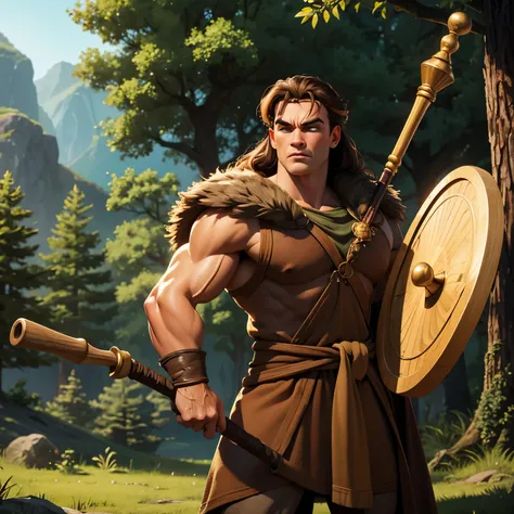 fantasy art, dnd, druid, young arnold schwarzenegger, conan, woods, headband, forest, trees, staff and shield, robe