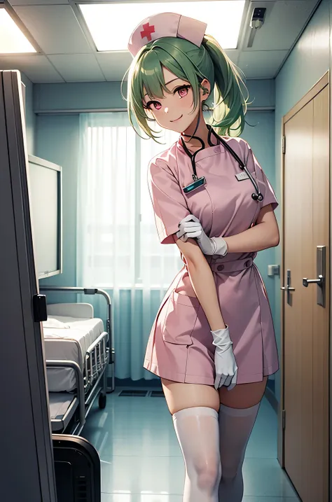 1 girl, alone, nurse, nurse cap, whiteware, ((white legwear, zettai ryouiki)), white gloves, ponytail, green hair, pink eyes, sm...