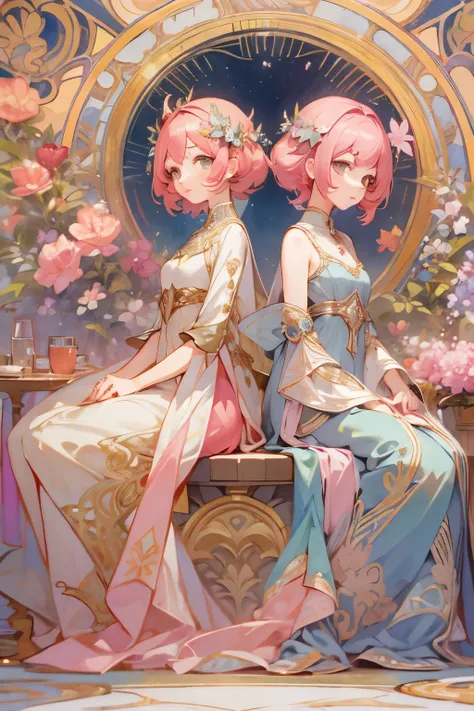 masterpiece, highest quality, (Highly detailed CG Unity 8K wallpaper), (highest quality), (best illustrations), Geminiの擬人化、Two beautiful twin women are sitting facing the front in the same pose、They both have the same pink hair、short hair、Same look、Same dr...