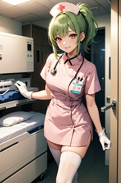 1 girl, alone, nurse, nurse cap, whiteware, ((white legwear, zettai ryouiki)), white gloves, ponytail, green hair, pink eyes, sm...