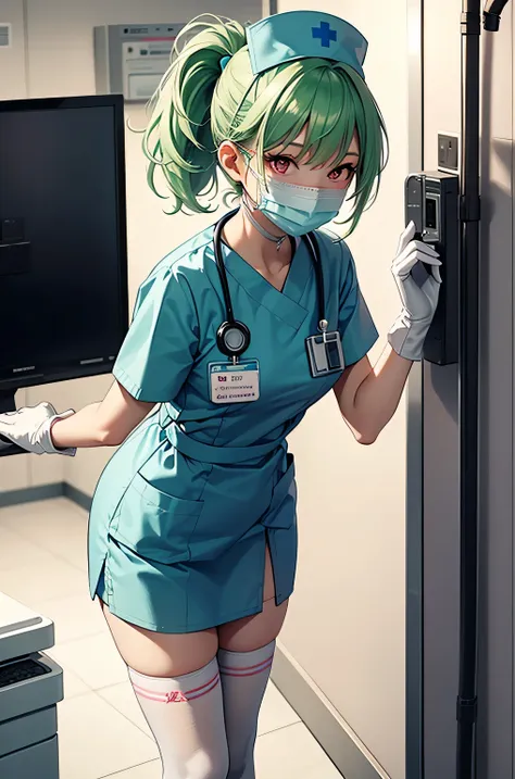 1 girl, alone, nurse, nurse cap, Whiteware, ((white legwear, zettai ryouiki)), white gloves, ponytail, green hair, pink eyes, ((White surgical mask, Covered nose)), Are standing, ((hospital room)), sharp outline, short sleeve, highest quality, masterpiece