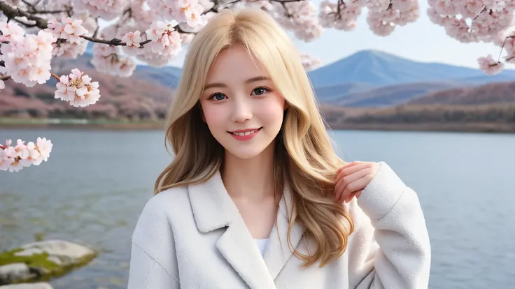 Instagram pictures, 1Russian Girl, Shoulder length hair, with light blonde hair, Close-up photo, coat, The background is the lake Kawaguchiko with cherry blossom, Japan, smile a little,