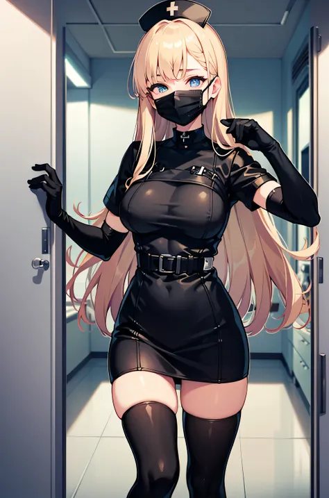 black nurse, 1 female, alone, black nurse cap, black wear, ((black legwear, zettai ryouiki)), black elbow gloves, blonde hair, b...