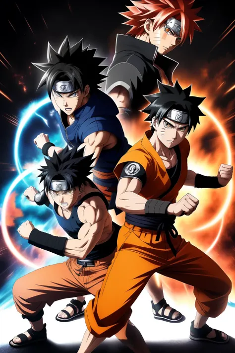 Naruto and Goku, two iconic characters from the world of anime, locked in an intense battle against each other. (dramatic: 1.5), (dynamic pose: 1.3), (detailed body textures: 1.4), (vibrant colors: 1.2), Manga style, (expressive facial features: 1.1), HDR,...