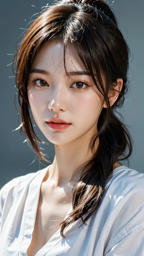 Close-up of a woman in a white shirt and ponytail, Realistic. Cheng Yi, beautiful Korean women, beautiful portrait image, gorgeous face portrait, Stunning anime face portrait, Korean girl, high quality portrait, beautiful delicate face, photorealistic beau...