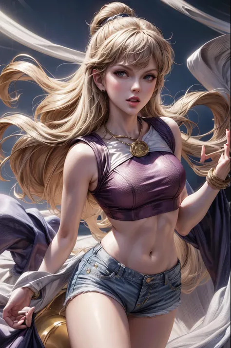 overall theme: hyper realistic, singer taylor swift (age 30), she is in a small trailer trash queen outfit (daisy duke jean shorts, small crop top), she is Sailor Moon, show her doing her magical transformation into Sailor Moon, taylor swift is unique no o...