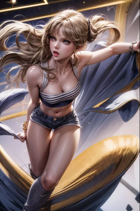 overall theme: hyper realistic, singer taylor swift (age 30), she is in a small trailer trash queen outfit (daisy duke jean shorts, small crop top), she is Sailor Moon, show her doing her magical transformation into Sailor Moon, taylor swift is unique no o...