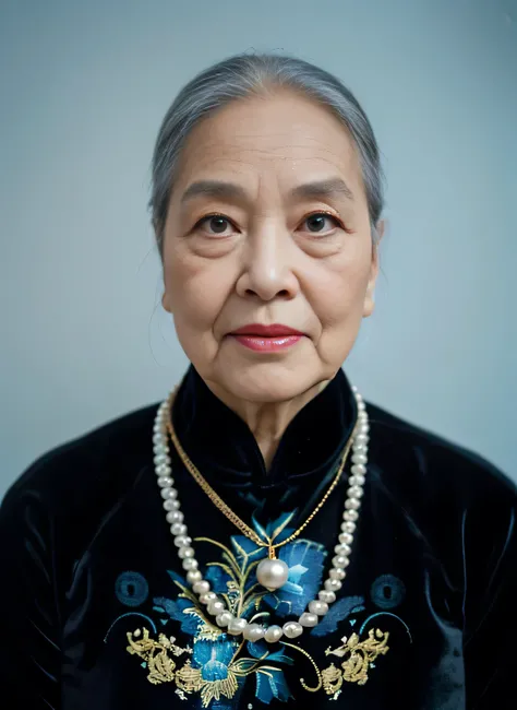 Highly realistic photo, ((masterpiece), (best quality), (raw photo), (photorealistic:1.4), Portrait of Vietnamese old woman, (75 years old), ((gray hair)), (wearing a black velvet ao dai), pearl necklaces and gold necklaces ,((light blue background)) , pho...