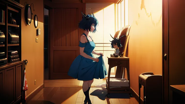 Splash art, cute demon girl, demon wings, cute blue summer dress, (perfect hands), looking to viewer, standing on wooden table, with a baby, stunning beauty, [[chibi]], close-up, muted colors, deep shadows, trending on Pixiv, 4k