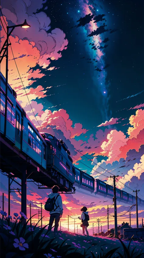 anime scene of a train passing under a pink and purple sky, an anime drawing by Makoto Shinkai, trending on pixiv, magical realism, beautiful anime scene, cosmic skies. by makoto shinkai, ( ( makoto shinkai ) ), by makoto shinkai, anime background art, sty...
