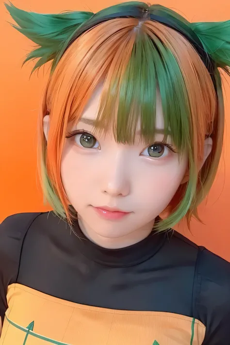 (upper body close-up), portrait, portrait, (alone), masterpiece, highest quality, 、With a round face、slim、flat body、cute、、、(orange check dress：1.3)、orange background、inside the orange、(((green hair)))