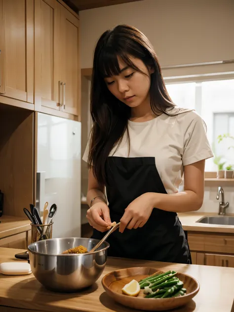 "Detailed illustration of young Japanese woman preparing a healthy meal in the kitchen, enfatizando ingredientes nutritivos y su compromiso con una dieta equilibrada."