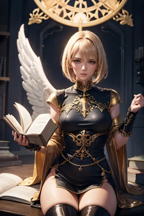 (best quality,a high resolution),(realistic:1.37)aasimar with golden hair, an angel, blonde, square haircut, reaching the right ...