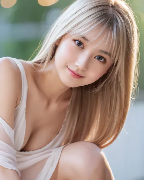 beautiful japanese girl　profile　(whole body:1.5) プラチナブロンドのthin髪　A complex, chaotic, detailed god　Super Long Straight Silk Hair　asymmetrical bangs、magical beautiful eyes　moist black eyes　Wet and transparent white dress、open shoulder　mini skirt　　Detailed and...