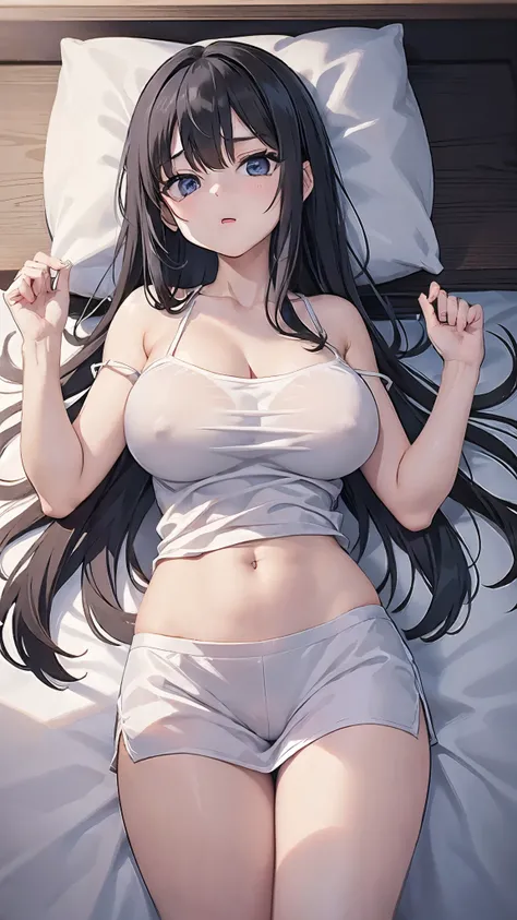 1 girl, game CG,((white camisole)),((big breasts)), black hair, long hair, straight hair,  black eye, ((Lie on your back on silk sheets)),((Enchanted expression))