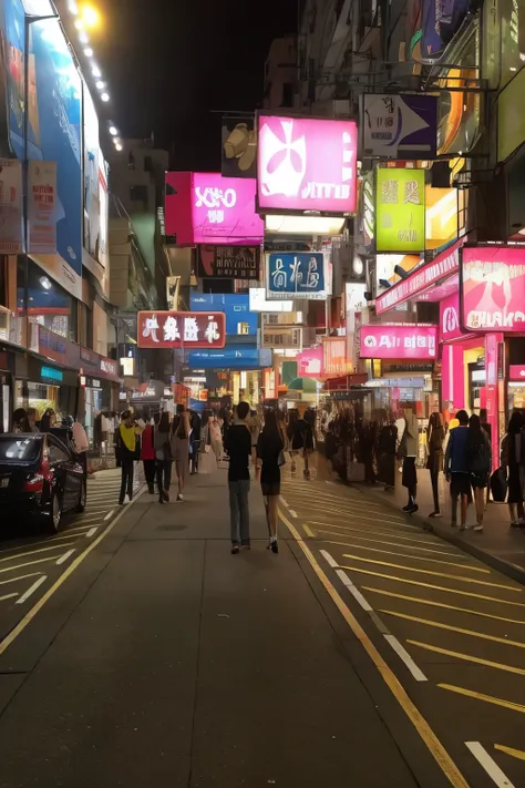 Arafur city streets，many people walking，Cars parked on both sides, The streets of Hong Kong, The streets of Hong Kong, kowloon, in hong kong, city like hong kong, kowloon cyberpunk, busy streets filled with people, neon lights everywhere, busy streets, bus...