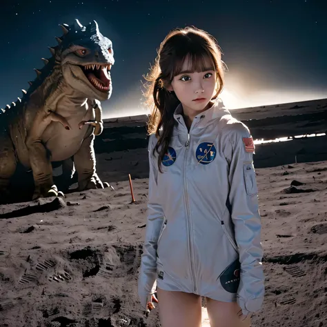 (Girl raped by monster on moon:1.5) ,(landing on the moon:1.5),( Dinosaurs in the distance:1.5),original photography,(ultimate beauty portrait、dry skin 、top quality、Super detailed、movie light、intricate details、high resolution、Very detailed、1 girl、space sui...