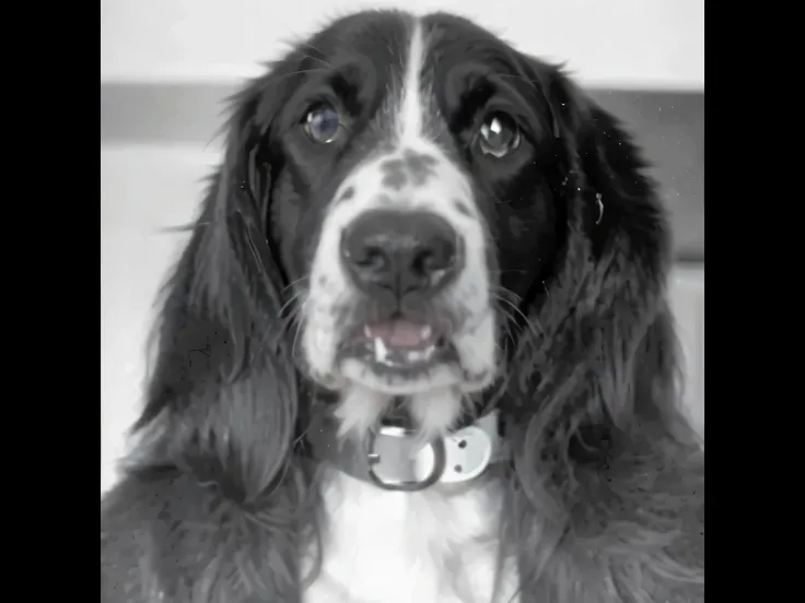 a black and white photograph of a dog with a collar,, Foto muy conocida, Primer plano del retrato, retrato frontal, foto granulada en blanco y negro, Primer plano del retrato - arriba, damaged grainy photo, primer plano de la cara, Primer plano de la cara,...