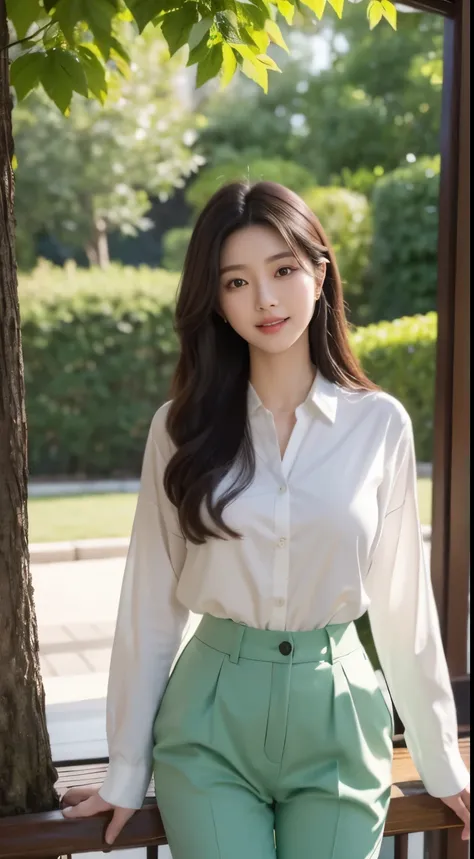 Foto hiperrealista en primer plano de Kim Ji-soo from Korea, masterpiece, best quality, (photorealistic:1.4), full body, Luxurious white long sleeves button-up shirt, light green luxury pants, woods, sunny day, cinematic light, beautiful woman, skinny, lar...