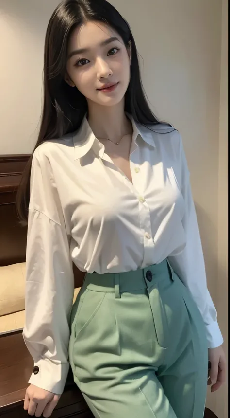 Foto hiperrealista en primer plano de Kim Ji-soo from Korea, masterpiece, best quality, (photorealistic:1.4), full body, Luxurious white long sleeves button-up shirt, light green luxury pants, living room, cinematic light, beautiful woman, skinny, large bi...