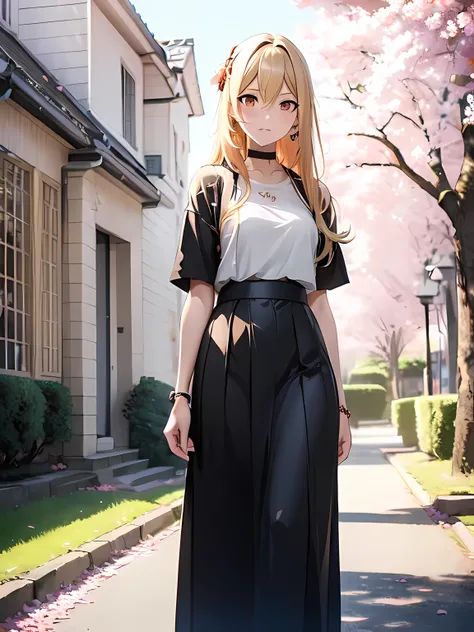 long hair, blonde hair, yoimiya_genshin, cherry blossom trees in background, wearing plain black shirt, long skirt, absurdres, high res, ultrasharp, 8K, masterpiece, sharp detailed orange eyes