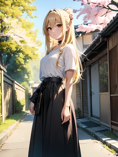 long hair, blonde hair, yoimiya_genshin, cherry blossom trees in background,  wearing plain black shirt, long skirt, absurdres, high res, ultrasharp, 8K, masterpiece