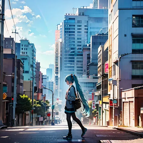 Hatsune Miku with empty eyes, profile, whole body, city, daytime