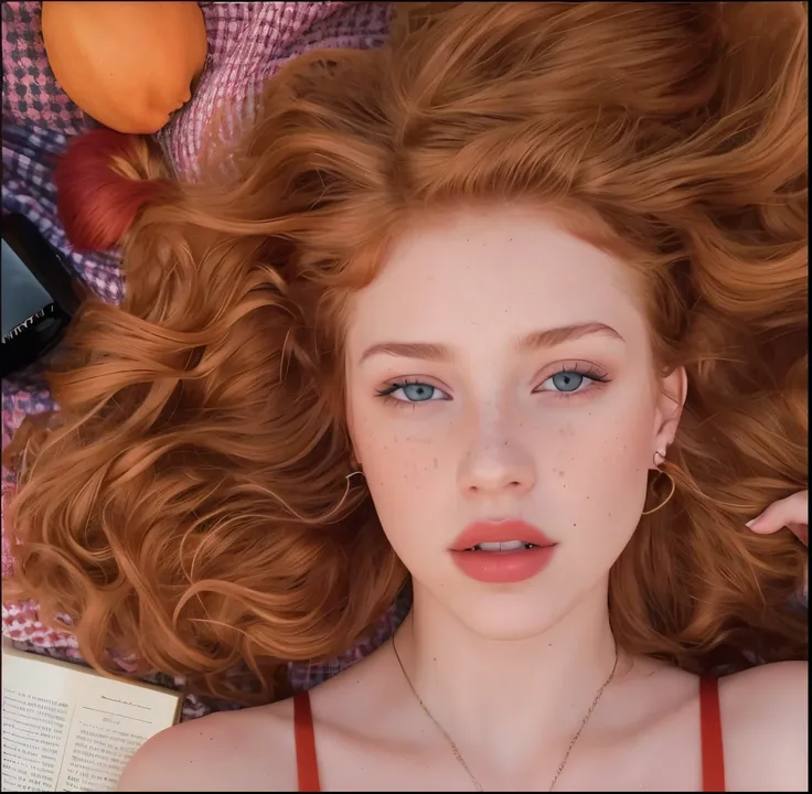 hay una mujer recostada sobre una manta con un libro y naranjas, lavabo sadie, flowing pelirrojo, pelo ondulado de jengibre, pelirrojo, pelirrojo with freckles, al estilo de petra collins, hyperrealistic aesthetic, with pale skin, chica pelirroja, wild pel...