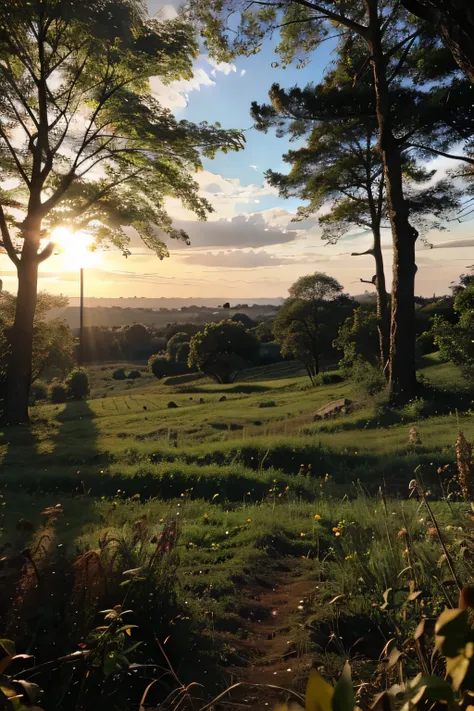 criar uma imagem real, amanhecer em um campo ao fundo uma floresta totalmente densa, com raios do sol penetrando essa floresta e refletindo no campo