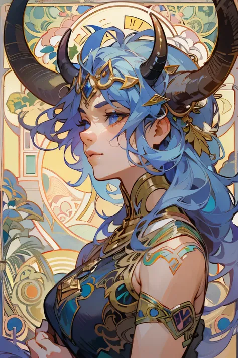 masterpiece, highest quality, (Highly detailed CG Unity 8K wallpaper), (highest quality), (best illustrations), Beautiful woman, personification of Taurus、Beautiful man with black cow horns、blue hair、Black eyeliner、muscular physique、armor costume、horoscope...