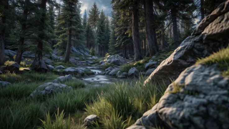 There is a photo of a forest with rocks and grass, a screenshot inspired by senior environment artist, polycount contest winner, realism, rendered in cryengine, hyper-realistic environment, unreal engine screenshot, Cinematic forest lighting, Rendered with...