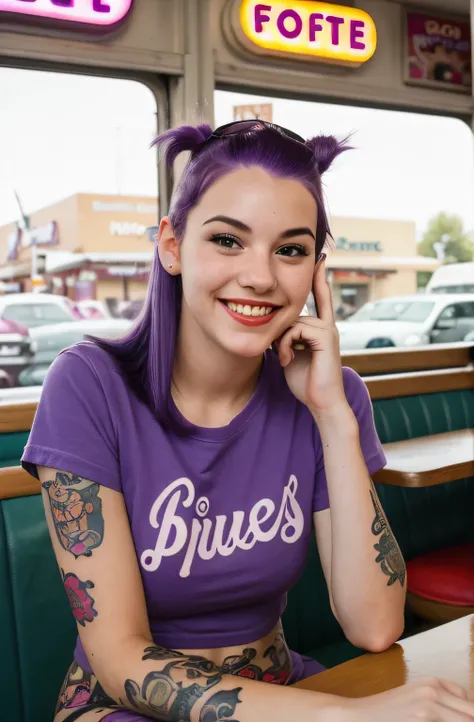 street photography photo of a young woman with purple hair, smile, happy, cute t-shirt, tattoos on her arms, sitting in a 50s diner 