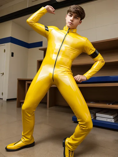 A high school boy wearing yellow latex catsuit 