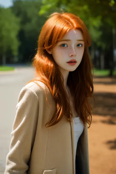 (dynamic angle:1.1),outdoors, ginger hair, photo of skinny 20yo girl, freckles, sad, soft, masterpiece, volumetric light, best quality, complimentary colors, dramatic lighting, intricate details, subsurface scattering,