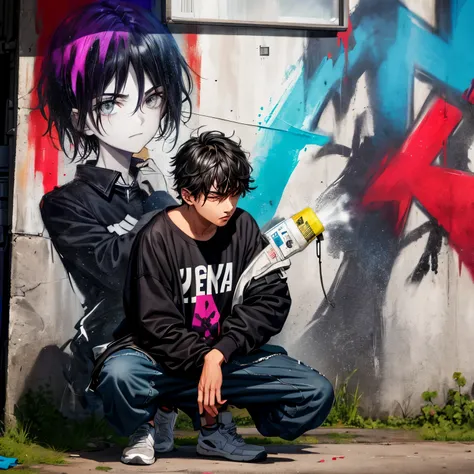 A boy with black hair, baggy clothes, crouched down, spray painting graffiti, close up, eyes open