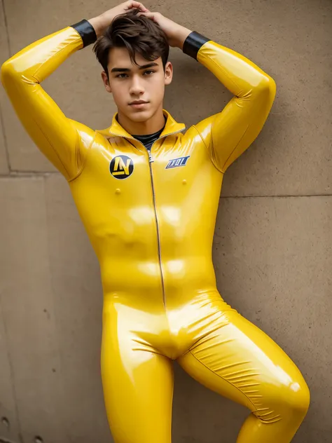 A high school boy wearing yellow latex catsuit 