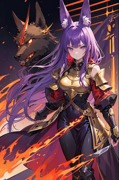 girl，purple hair，long hair，golden eyes，glowing eyes，glowing eyes，Anubis，dog ears，golden armor，warrior，red cloak，Knife gas，poster，epic，，Royal sister，