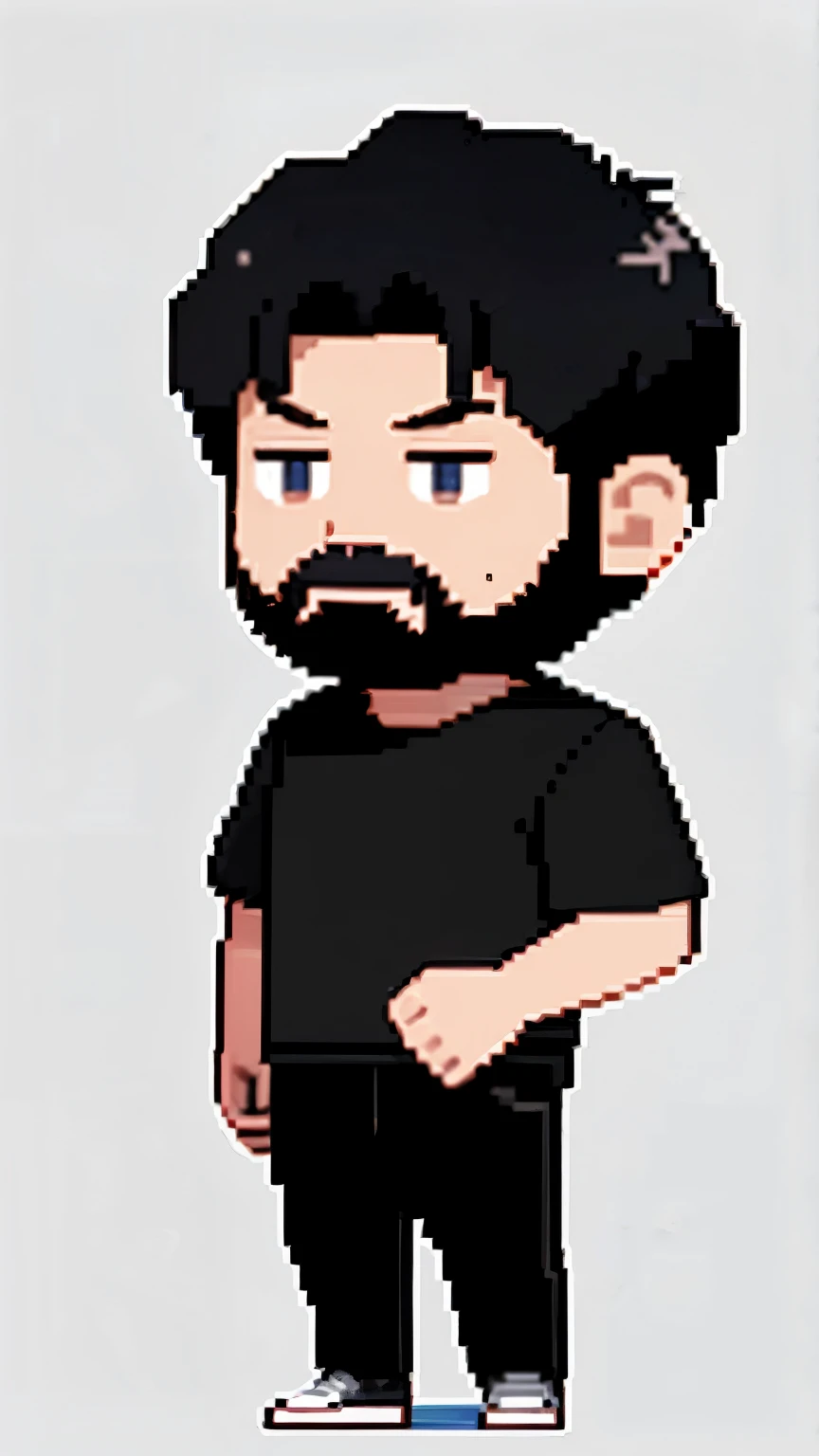 Pixel art for chibi characters、An around 40 year old man wearing a black shirt and black pants standing in front of a white wall,beard、short hair、