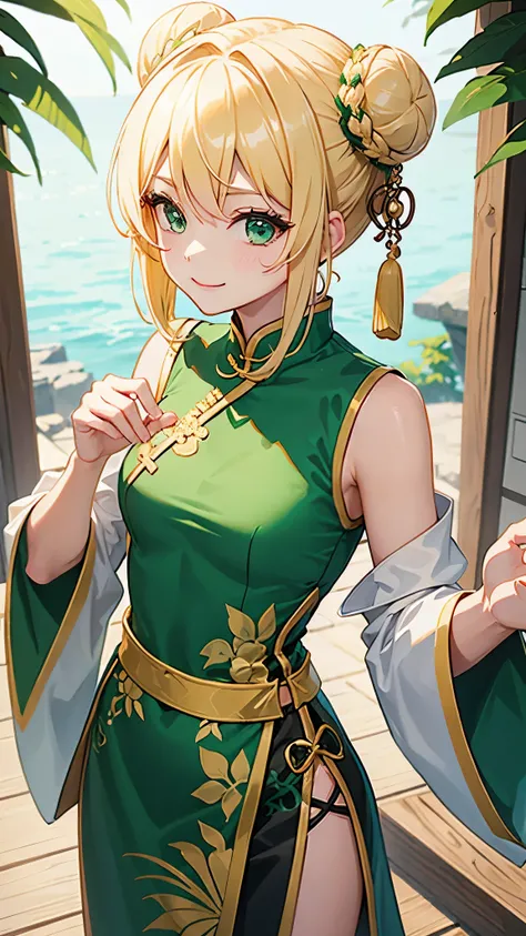 She is cosplaying a Chinese dress、blonde short、smile、green eyes、bun hair、