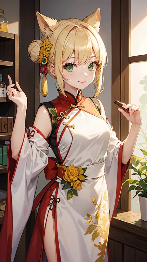 She is cosplaying a Chinese dress、blonde short、smile、green eyes、bun hair、