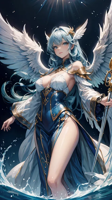 Fantastical,ghost,femele,Beautiful face, holding staff, have Angel wings with bigger wing span both side, costume mix colors, splash water 