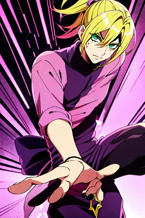 Stell Ball Run, Anime Boy Jojo Style, Hirohiko Araki Style, Mangá Anime Character of Jojos Bizarre Adventure, Pink HairStyle, Green Eyes, Fashion Clothes, Black Nails, 